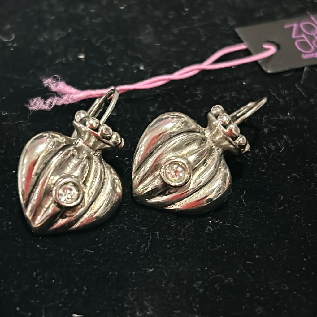 Fluted Silver Crowned Hearts W Cubic Zirconia French Wire Earrings-Boutique
